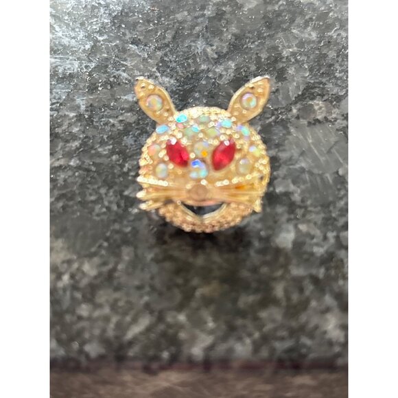 Gold-Tone Rabbit Face or Cat Brooch With Rhinestones & Red Gem Eyes Sparkles - Picture 1 of 10
